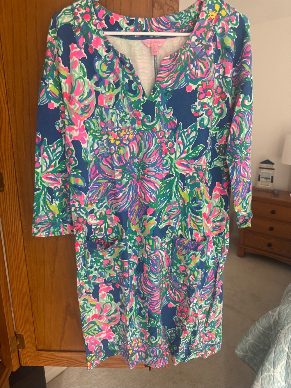 Lilly Pulitzer Navy Floral Shift Dress with Pink, Green & Blue
